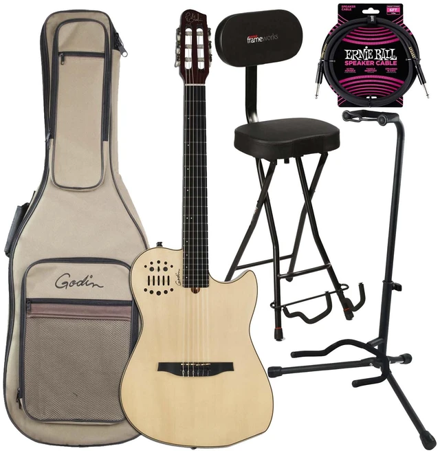 Main image of Godin (004690) MultiAc Nylon SA Electric Guitar, GFW-GTR-SEAT, Stand, ErnieBall Cable Bundle