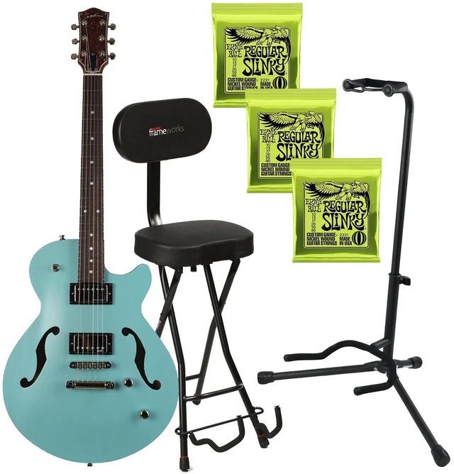 Main image of Godin (050215) Montreal Premiere HT Semi-hollow, Laguna Blue, (3) Ernie Ball 2221, Gator GFW-GTR-SEAT, Stand Bundle