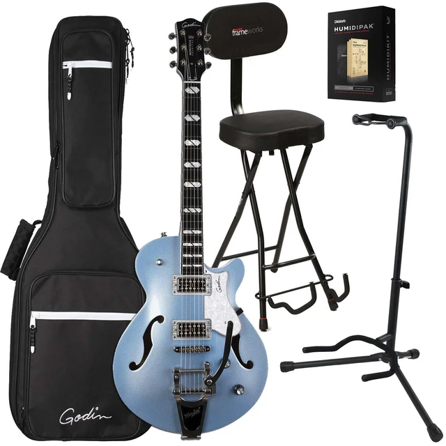 Main image of Godin 051595 Montreal Premiere Semi-hollow, Imperial Blue, Gator GFW-GTR-Seat, Stand, D'Addario Humidipak Bundle