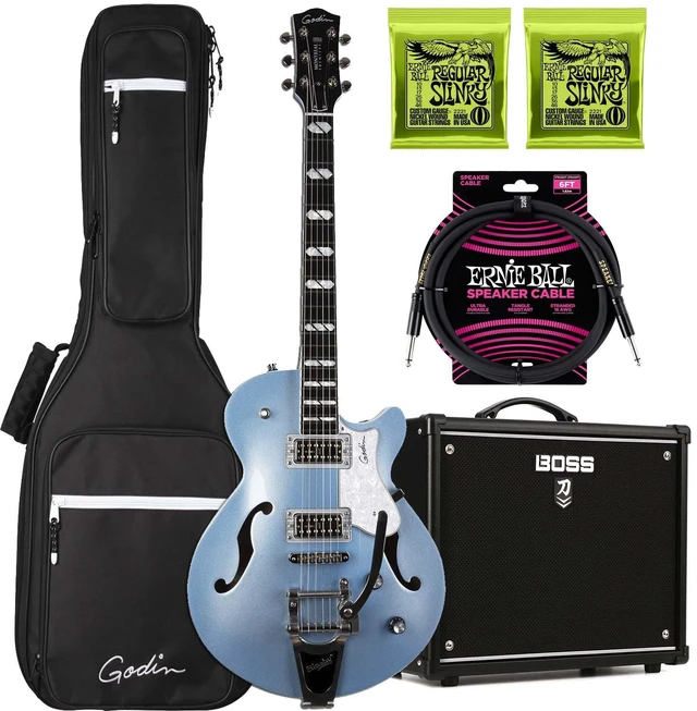 Main image of Godin 051595 Montreal Premiere Semi-hollow, Imperial Blue, (2) Ernie Ball 2221, ErnieBall Cable, BOSS KATANA-50 MKI Bundle
