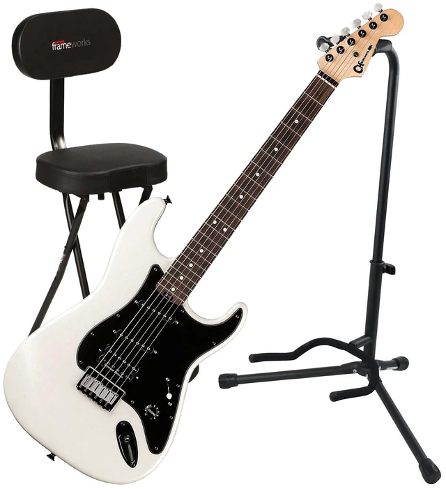 Main image of Charvel Jake E. Lee Signature Pro-Mod, Pearl White, Gator GFW-GTR-SEAT and Stand Bundle