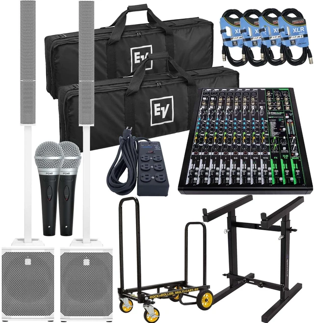 Main image of (2) Electro-Voice Evolve 50M Powered Speaker - White (Top Cover Included), Rock-N-Roller R2RT, Mackie ProFX12V3, (4) XLR Cables, (2) PG48 Mic, Furman (SS6B), Mixer Stand RXS20 Bundle