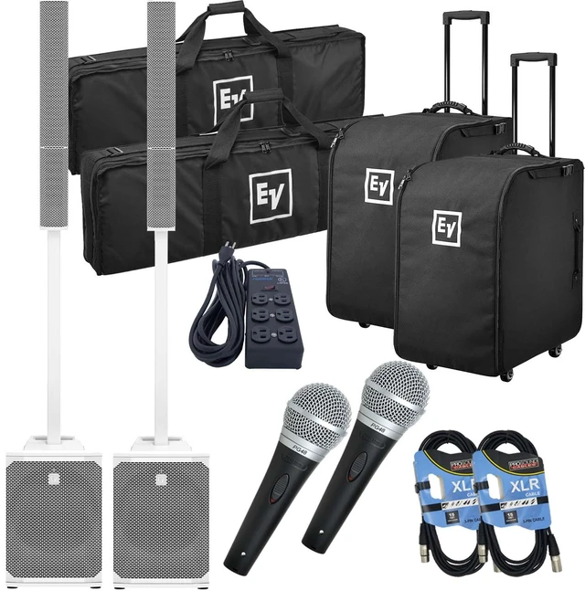 Main image of (2) Electro-Voice Evolve 50M Powered Speaker - White (Top Cover Included), (2) EV Rolling Case, (2) PG48 Mic, (2) XLR Cables, Furman (SS6B) Bundle