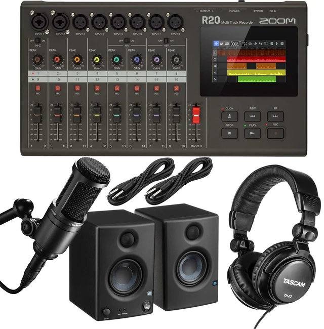 Main image of Zoom R20 16-track Recorder/Interface, AT2020 Mic, Presonus Eris 3.5, (2) 1/4 Cables, Tascam TH02 Bundle