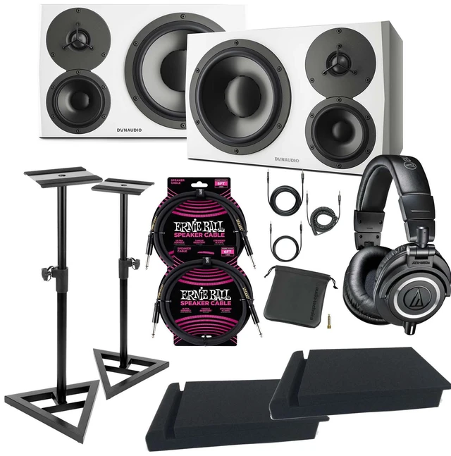 Main image of (2) Dynaudio LYD 48 - 3-Way Speakers (Left/Right - White) - Monitor Stands, (2) ErnieBall cables, Pads, AT ATH-M50X Bundle