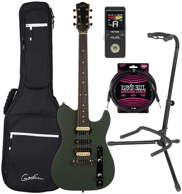 Main image of Godin (050406) Radium Electric Guitar Matte Green, ErnieBall Cable, KLIQ TinyTune, Gator GFW-GTR-1000 Stand Bundle