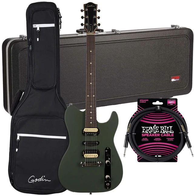 Main image of Godin (050406) Radium Electric Guitar Matte Green, Gator GC-ELECTRIC-A Case, ErnieBall Cable Bundle