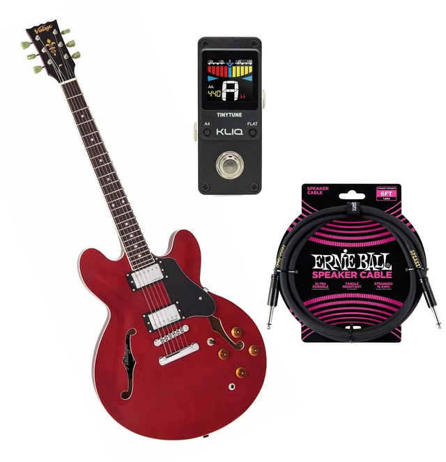 Main image of Vintage VSA500 ReIssued 335-Style Acoustic Electric Guitar Cherry Red, KLIQ TinyTune, ErnieBall Cable Bundle
