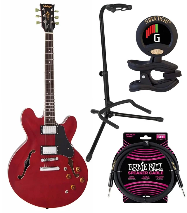 Main image of Vintage VSA500 ReIssued 335-Style Acoustic Electric Guitar Cherry Red, Gator GFW-GTR-1000 Stand, ErnieBall Cable, Snark ST-8 Bundle