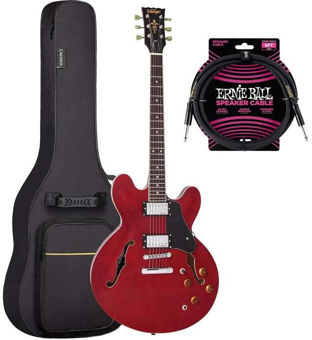 Main image of Vintage VSA500 ReIssued 335-Style Acoustic Electric Guitar Cherry Red, CAHAYA Bag, ErnieBall Cable Bundle