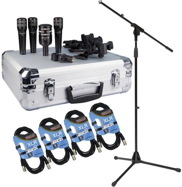 Main image of Audix DP4 Instrument Mic Pack, (4) XLR Cables, Mic Stand Bundle