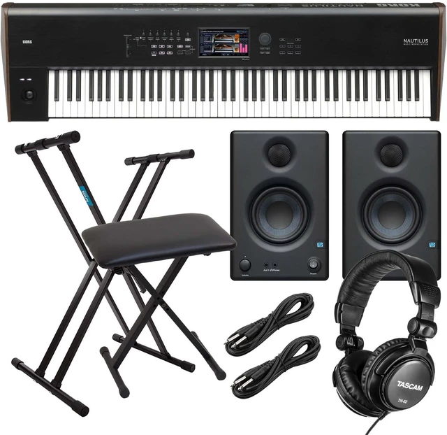 Main image of Korg Nautilus 88 Synthesizer Workstation, Presonus Eris3.5 Monitors, Keyboard Stand and Bench, Tascam TH02, (2) 1/4 Cables Bundle