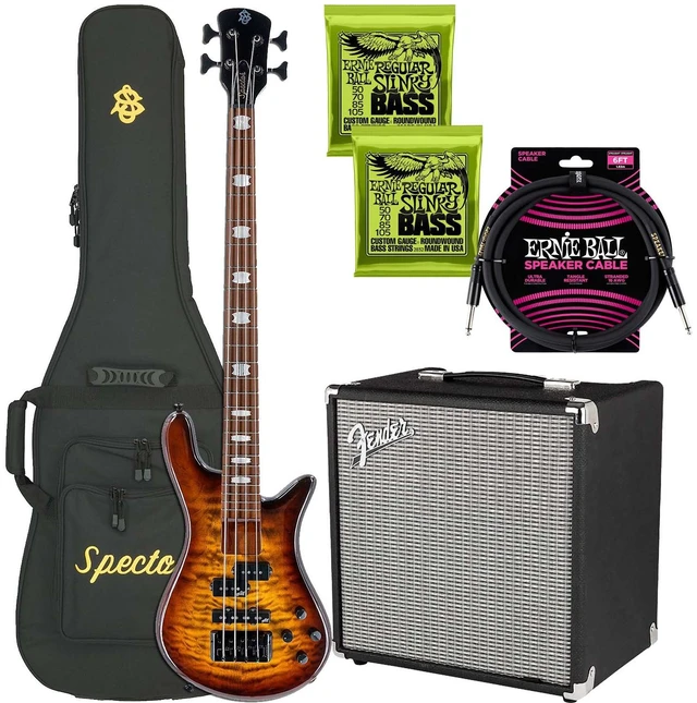 Main image of Spector EuroBolt 4 Bass Guitar Tobacco Sunburst Gloss, Fender Rumble 25 v3 Amp, ErnieBall Cable, (2) Ernie Ball 2832 Bundle
