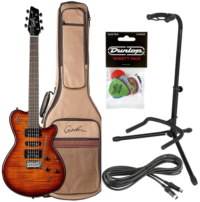Main image of Godin (028672) xtSA Light Burst Flame Electric Guitar with Gig Bag, Roland GKC-10 13 Pin 30ft Cable, Gator GFW-GTR-1000, Dunlop Picks (PVP113) Bundle