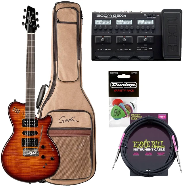 Main image of Godin (028672) xtSA Light Burst Flame Electric Guitar with Gig Bag, Zoom G3Xn Multi-Effects Processor, ErnieBall Cable, Dunlop Picks (PVP113) Bundle