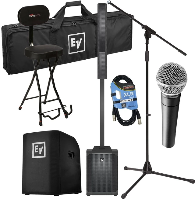 Main image of Electro-Voice Evolve 50M Powered Speaker (Top Cover Included), Gator GFW-GTR-SEAT, EVOLVE50-SUBCVR, Mic Stand, SM58 Mic, XLR Cable Bundle
