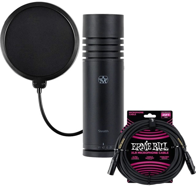 Main image of Aston Mic Stealth Cardioid Active Dynamic Broadcast, Ernie Ball 25' XLR Mic P06073, POP Filter Bundle