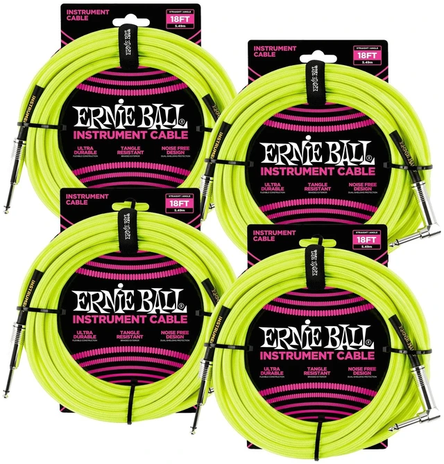 Main image of (4) Ernie Ball (P06085) Braided Straight to Right Angle Instrument Cable- 18 foot Neon Yellow Bundle