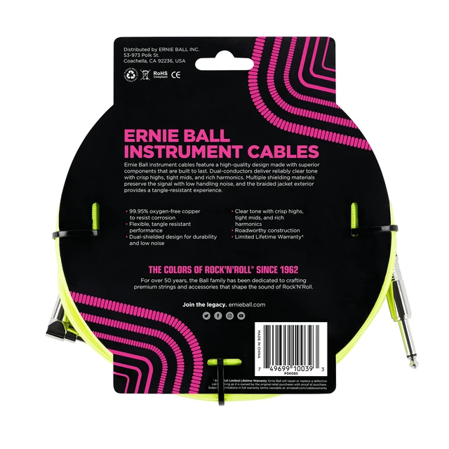 Alt view image 3 of 3 - (2) Ernie Ball (P06085) Braided Straight to Right Angle Instrument Cable- 18 foot Neon Yellow Bundle