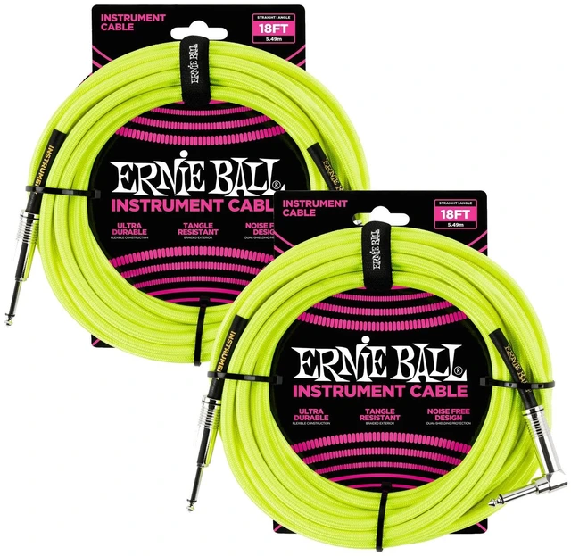 Main image of (2) Ernie Ball (P06085) Braided Straight to Right Angle Instrument Cable- 18 foot Neon Yellow Bundle