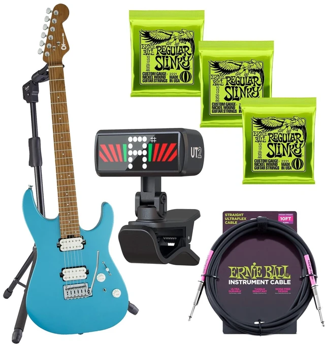 Main image of Charvel Pro-Mod DK24 HH 2PT Electric Guitar Matte Blue Frost, (3) Ernie Ball 2221 strings, ErnieBall Cable, KLIQ TinyTuner, Guitto Guitar Stand Bundle