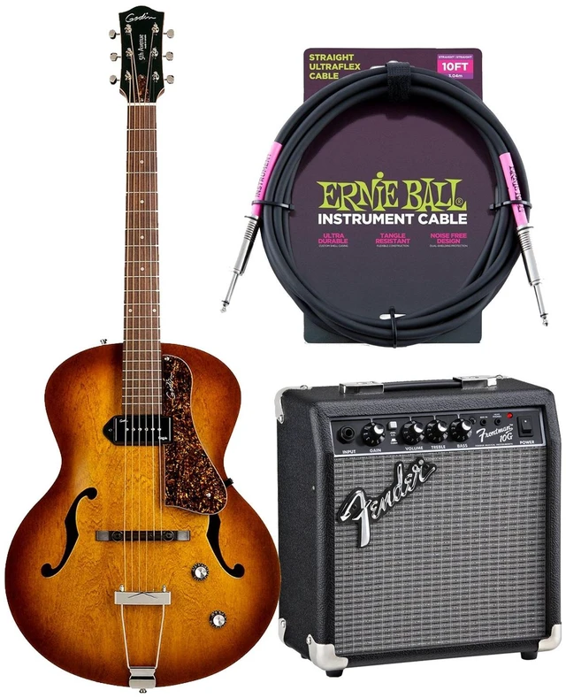 Main image of Godin (031986) 5th Avenue Electric Guitar Cognac Burst, Fender Frontman 10G Amp, ErnieBall Guitar Cable Bundle