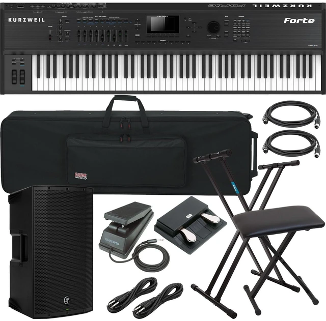 Main image of Kurzweil Forte 88-key Stage Piano (Foot Pedal Included), Gator GK-88 Case, Mackie Thump12A, Studiologic VFP-2 Pedal, Keyboard Stand, Bench, Kurzweil CC-1, (2) Midi Cables, (2) 1/4 Cables Bundle