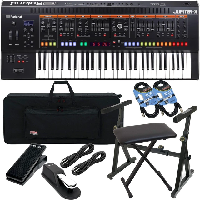 Main image of Roland JUPITER-X Synthesizer, Plixio Keybaord Stand, Bench, Gator GK-61, Sustain Pedal, Nektar NX-P, (2) 1/4 Cables, (2) XLR Cables Bundle