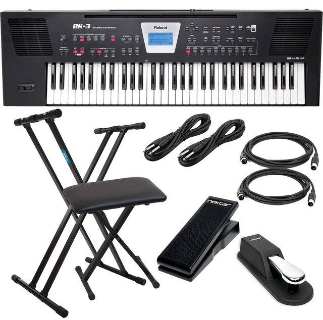 Main image of Roland BK-3 Backing Keyboard (Black), Keyboard Stand, Bench, Sustain Pedal, Nektar NX-P, (2) 1/4 Cables, (2) Midi Cables Bundle