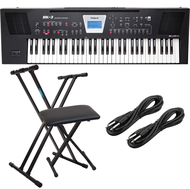 Main image of Roland BK-3 Backing Keyboard (Black), Keyboard Stand, Bench, (2) 1/4 Cables Bundle