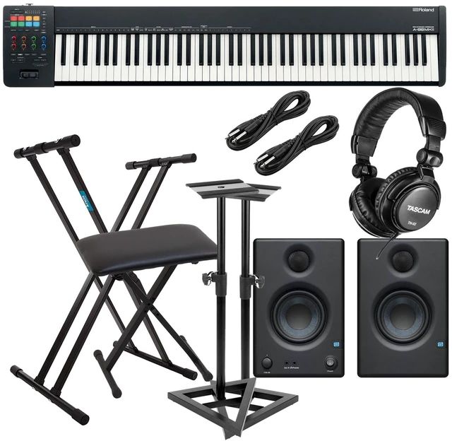 Main image of Roland A-88MKII MIDI Keyboard Controller, Keyboard Stand, Bench, Presonus Eris3.5 Monitors, Monitor Stands, (2) 1/4 Cables, Tascam TH02 Bundle