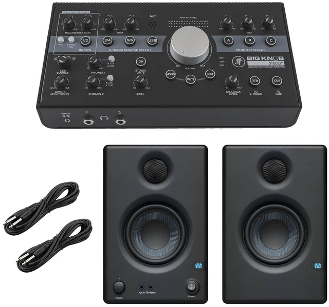 Main image of Mackie Big Knob Studio Plus Monitor Controller, Presonus Eris3.5 Monitors, (2) 1/4 Cables Bundle
