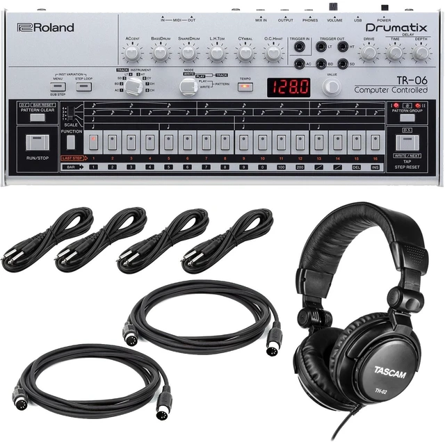 Main image of ROLAND BOUTIQUE TR-06 DRUMATIX, Tascam TH02, (4) 1/4 Cables, (2) Midi Cables Bundle