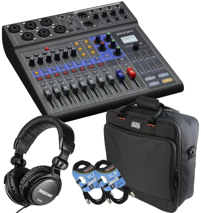 Main image of Zoom LiveTrak L-8 Portable Mixer, Gator Mixbag1515, (2) XLR Cables, TH02 Headphone Bundle