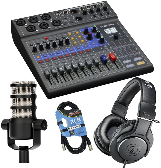 Main image of Zoom LiveTrak L-8 Portable Mixer, Rode PodMic, ATH-M20x, XLR Cable Bundle