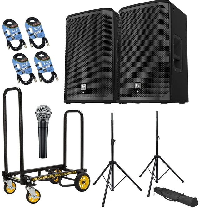 Main image of (2) EV EKX-12P Powered Speaker, Rock-N-Roller R2RT, SM58 Mic, Speaker Stands, (4) XLR Cables Bundle