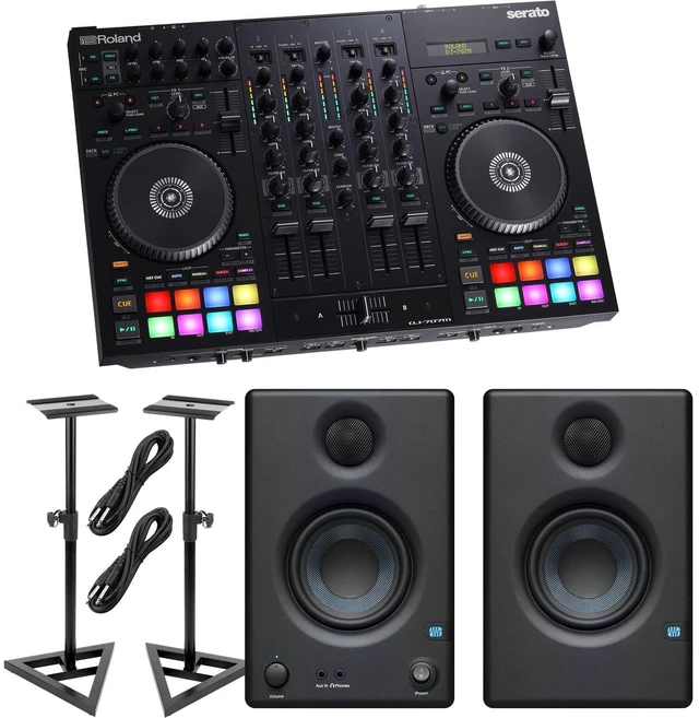 Main image of Roland DJ-707M 4-Channel DJ Controller, Presonus Eris3.5 Monitors, Monitor Stands, (2) 1/4 Cables Bundle
