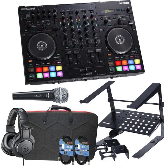 Main image of Roland DJ-707M 4-Channel DJ Controller, ProX XB-DJCS Bag, Laptop Stand, SV100 Mic, AT ATHM20X, (2) XLR Cables Bundle