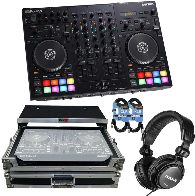Main image of Roland DJ-707M 4-Channel DJ Controller, PROX XS-DJ707 Case, Tascam TH02, (2) XLR Cables Bundle