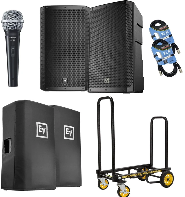 Main image of (2) Electro-Voice ELX200-15P, (2) ELX200-15P Covers, Rock-N-Roller Cart, SV100 Mic, (2) XLR Cables Bundle