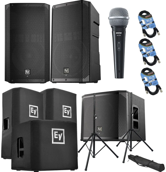 Main image of (2) Electro-Voice ELX200-12P, EV ELX200-12SP, (2) ELX200-12P Covers, ELX200-12SP Cover, (2) Speaker Stands, SV100 Mic, (3) XLR Cables Bundle