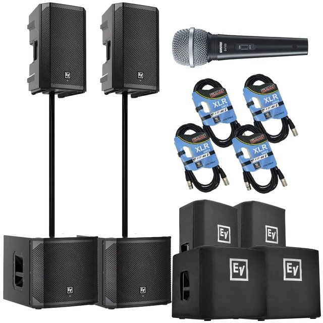 Main image of (2) Electro-Voice ELX200-12P, (2) EV ELX200-12SP, (2) ELX200-12P Covers, (2) ELX200-12SP Covers, (2) Poles, SV100 Mic, (4) XLR Cables Bundle
