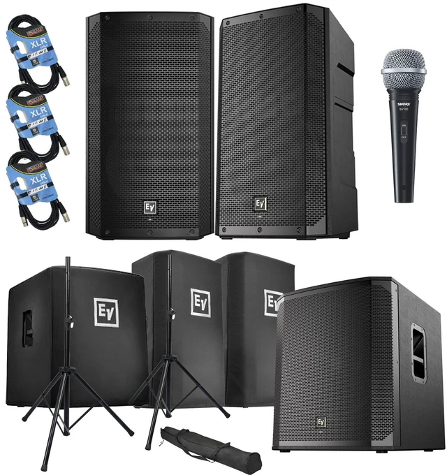 Main image of (2) Electro-Voice ELX200-12P, (1) EV ELX200-18SP, (2) ELX200-12P Covers, (1) ELX200-18SP Cover, (2) Speaker Stands, SV100 Mic, (3) XLR Cables Bundle