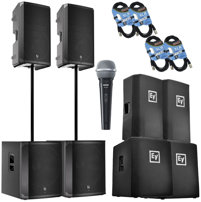 Main image of (2) Electro-Voice ELX200-12P, (2) EV ELX200-18SP, (2) ELX200-12P Covers, (2) ELX200-18SP Covers, (2) Poles, SV100 Mic, (4) XLR Cables Bundle