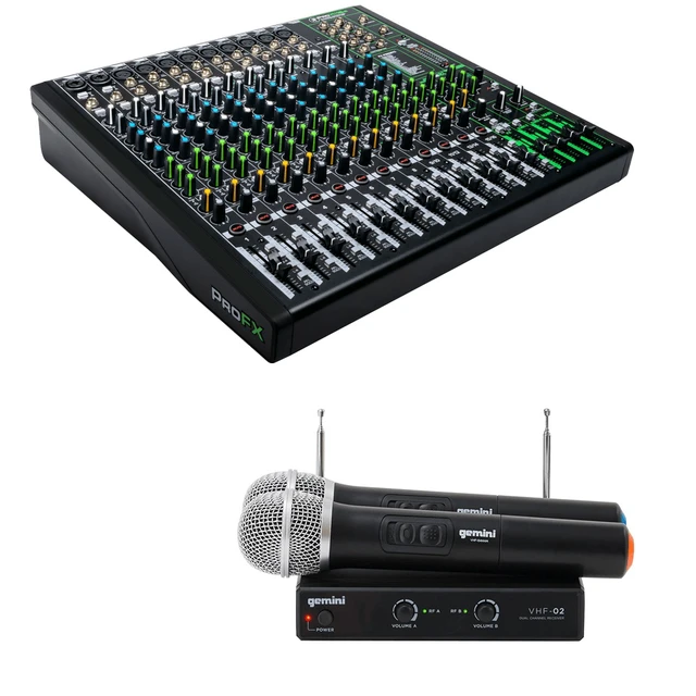 Alt view image 7 of 7 - Mackie ProFX16v3 16-Channel Sound Reinforcement Mixer with Built-In FX + Gemini VHF-02M Professional Audio DJ Equimpent Dual Channel Wireless VHF System