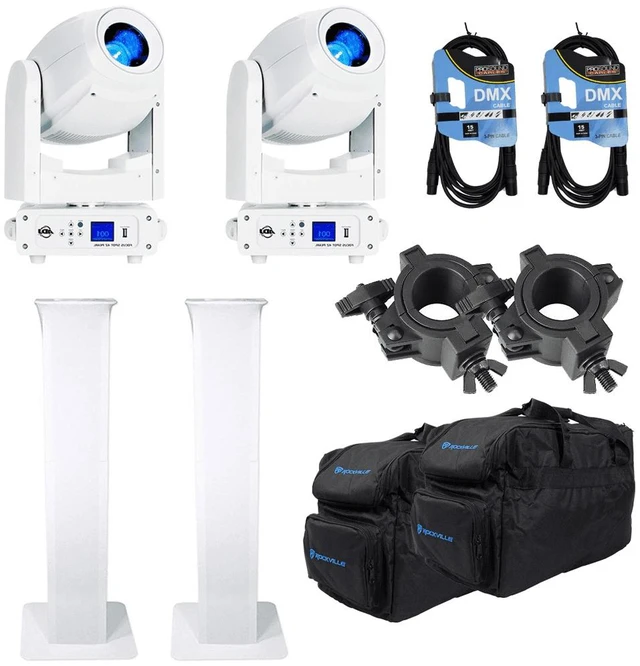 Main image of (2) American DJ Focus Spot 4Z Pearl 200W LED Moving Head Spot Fixtures with Rockville RTP32W Totem Moving Head Light Stands