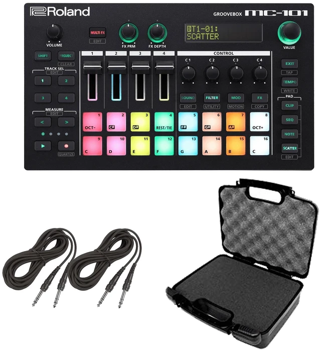 Main image of Roland MC-101 Portable Groovebox + MINIMIX Analog Mixer Controller Carrying Case and Cables.