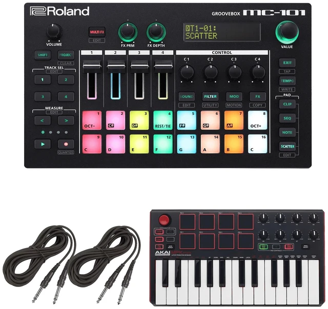 Main image of Roland MC-101 Portable Groovebox + Akai Professional MPK mini MKII - Compact Keyboard and Pad Controller and Cables.