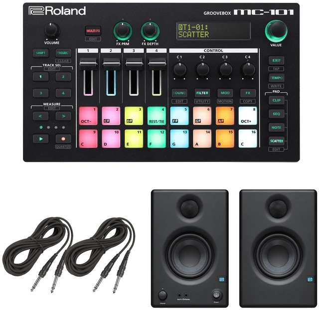 Main image of Roland MC-101 Portable Groovebox + PreSonus Eris E3.5 3.5" 2-Way 25W Nearfield Monitors (Pair) and Cables.