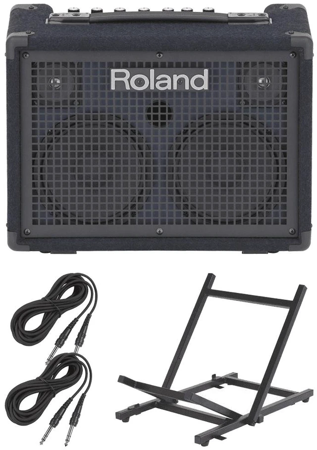 Main image of Roland KC-220 Battery Powered Stereo Keyboard Amplifier + On-Stage RS4000 Folding Guitar Amplifier Stand and Cables.